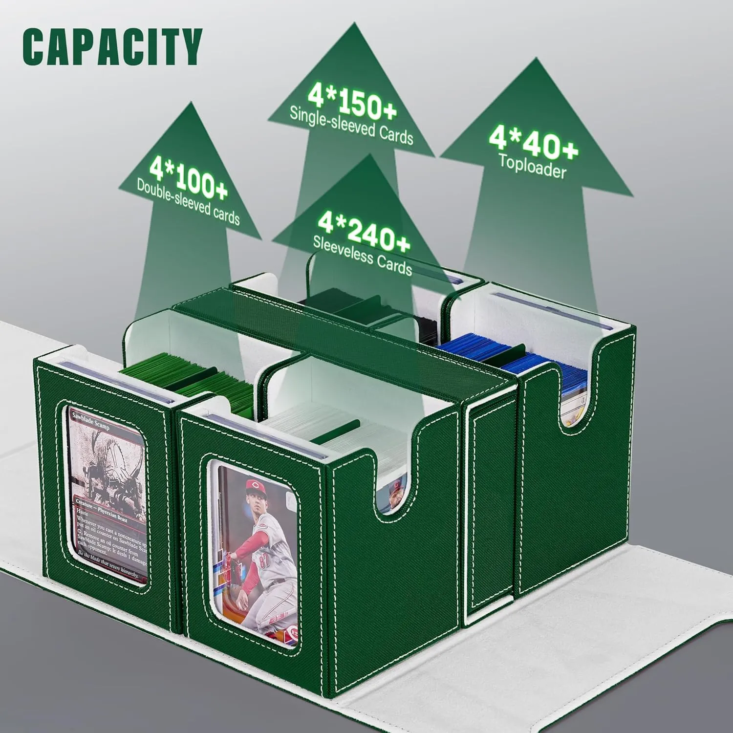 Card Deck Box for MTG with Commander Display, 5 in 1 Card Storage Box Fits 400  Double-sleeved Cards, Removable Deck Case for TCG/Sports Cards with Dice Tray, 4 Magnetic Card Holders (Green White)