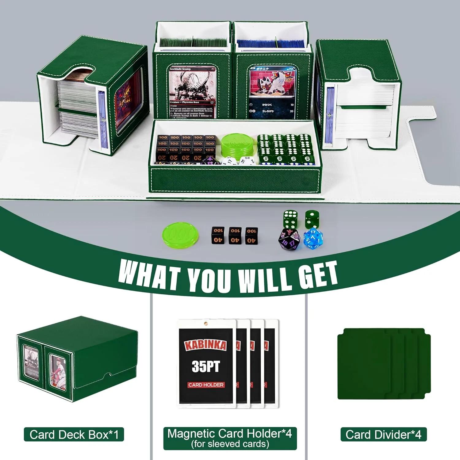 Card Deck Box for MTG with Commander Display, 5 in 1 Card Storage Box Fits 400  Double-sleeved Cards, Removable Deck Case for TCG/Sports Cards with Dice Tray, 4 Magnetic Card Holders (Green White)