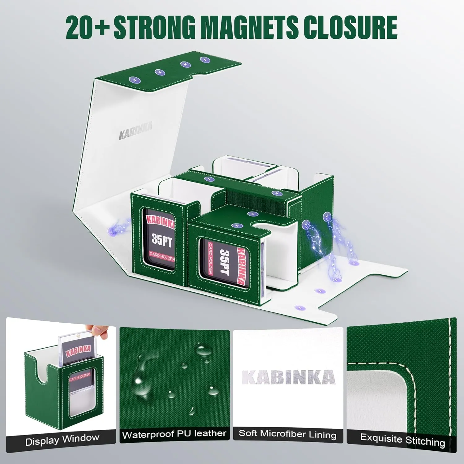 Card Deck Box for MTG with Commander Display, 5 in 1 Card Storage Box Fits 400  Double-sleeved Cards, Removable Deck Case for TCG/Sports Cards with Dice Tray, 4 Magnetic Card Holders (Green White)