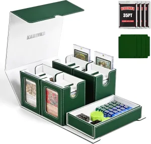 Card Deck Box for MTG with Commander Display, 5 in 1 Card Storage Box Fits 400  Double-sleeved Cards, Removable Deck Case for TCG/Sports Cards with Dice Tray, 4 Magnetic Card Holders (Green White)