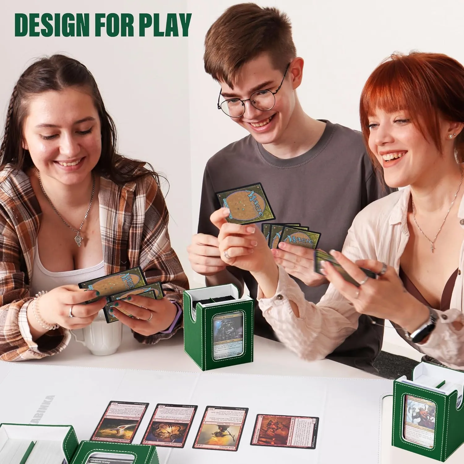 Card Deck Box for MTG with Commander Display, 5 in 1 Card Storage Box Fits 400  Double-sleeved Cards, Removable Deck Case for TCG/Sports Cards with Dice Tray, 4 Magnetic Card Holders (Green White)