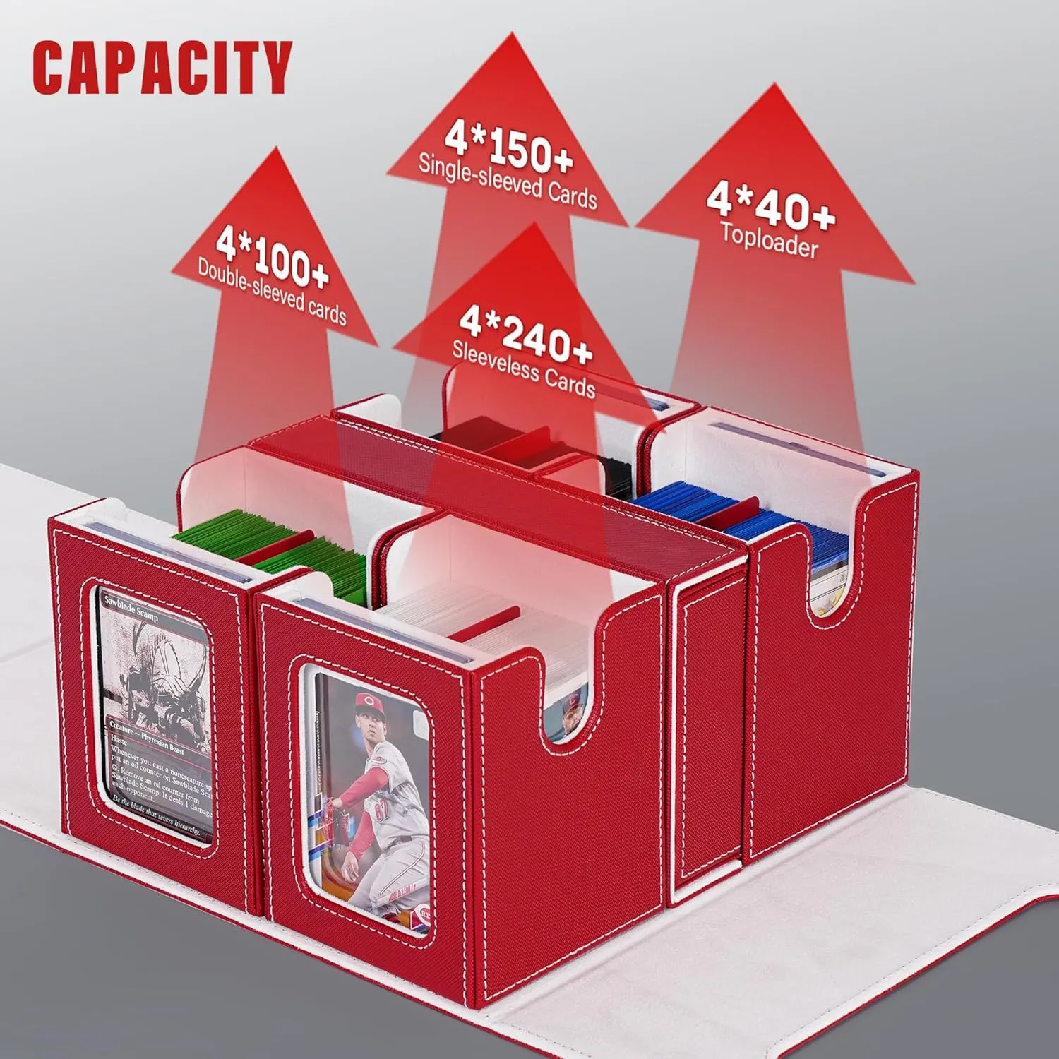 Card Deck Box for MTG with Commander Display, 5 in 1 Card Storage Box Fits 400  Double-sleeved Cards, Removable Deck Case for TCG/Sports Cards with Dice Tray, 4 Magnetic Card Holders (Red White)