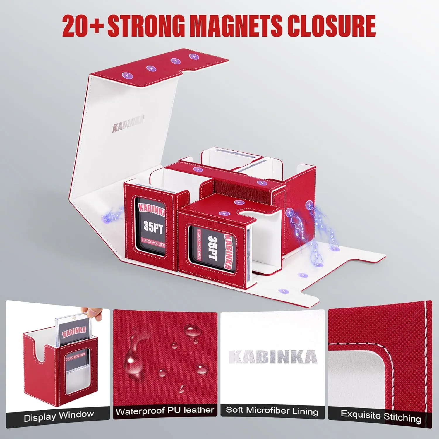 Card Deck Box for MTG with Commander Display, 5 in 1 Card Storage Box Fits 400  Double-sleeved Cards, Removable Deck Case for TCG/Sports Cards with Dice Tray, 4 Magnetic Card Holders (Red White)