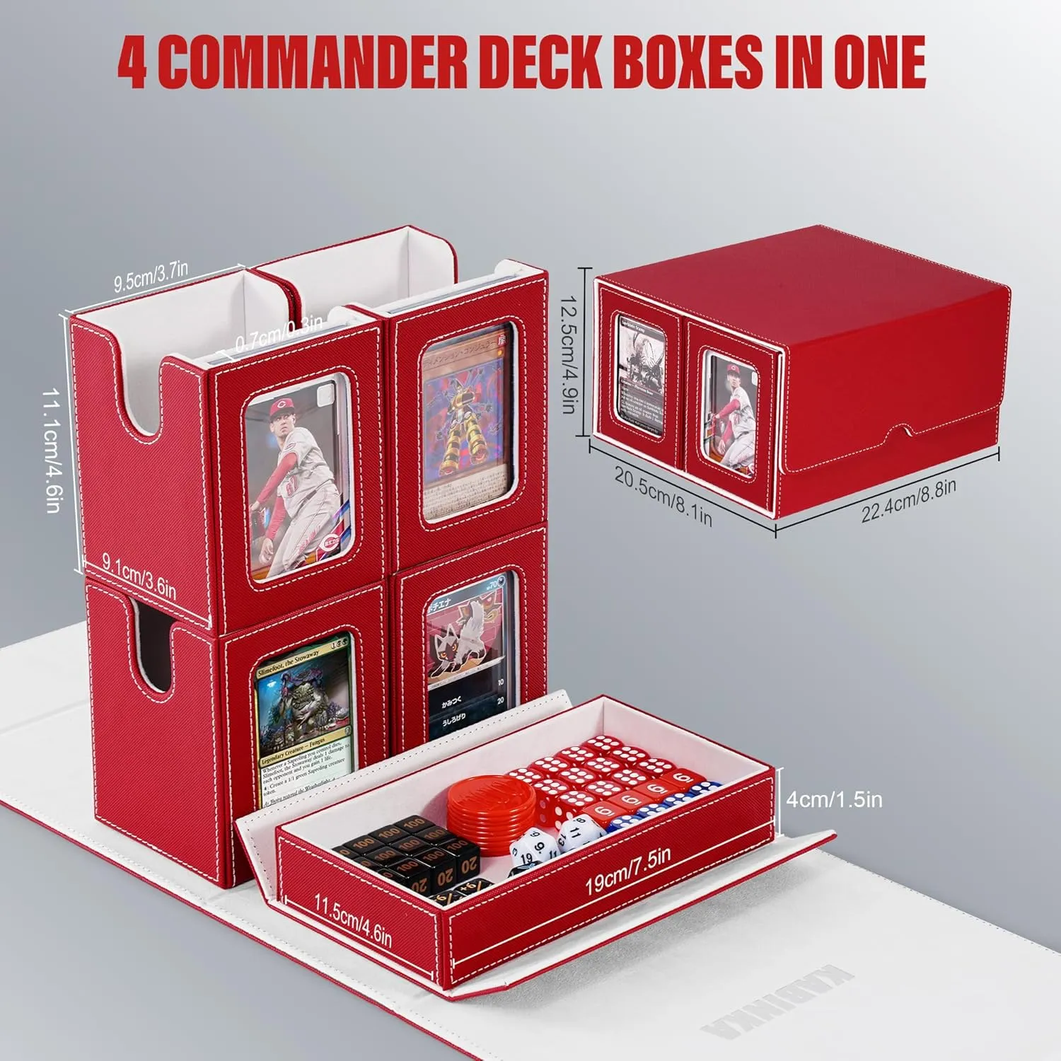 Card Deck Box for MTG with Commander Display, 5 in 1 Card Storage Box Fits 400  Double-sleeved Cards, Removable Deck Case for TCG/Sports Cards with Dice Tray, 4 Magnetic Card Holders (Red White)