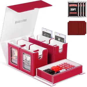 Card Deck Box for MTG with Commander Display, 5 in 1 Card Storage Box Fits 400  Double-sleeved Cards, Removable Deck Case for TCG/Sports Cards with Dice Tray, 4 Magnetic Card Holders (Red White)