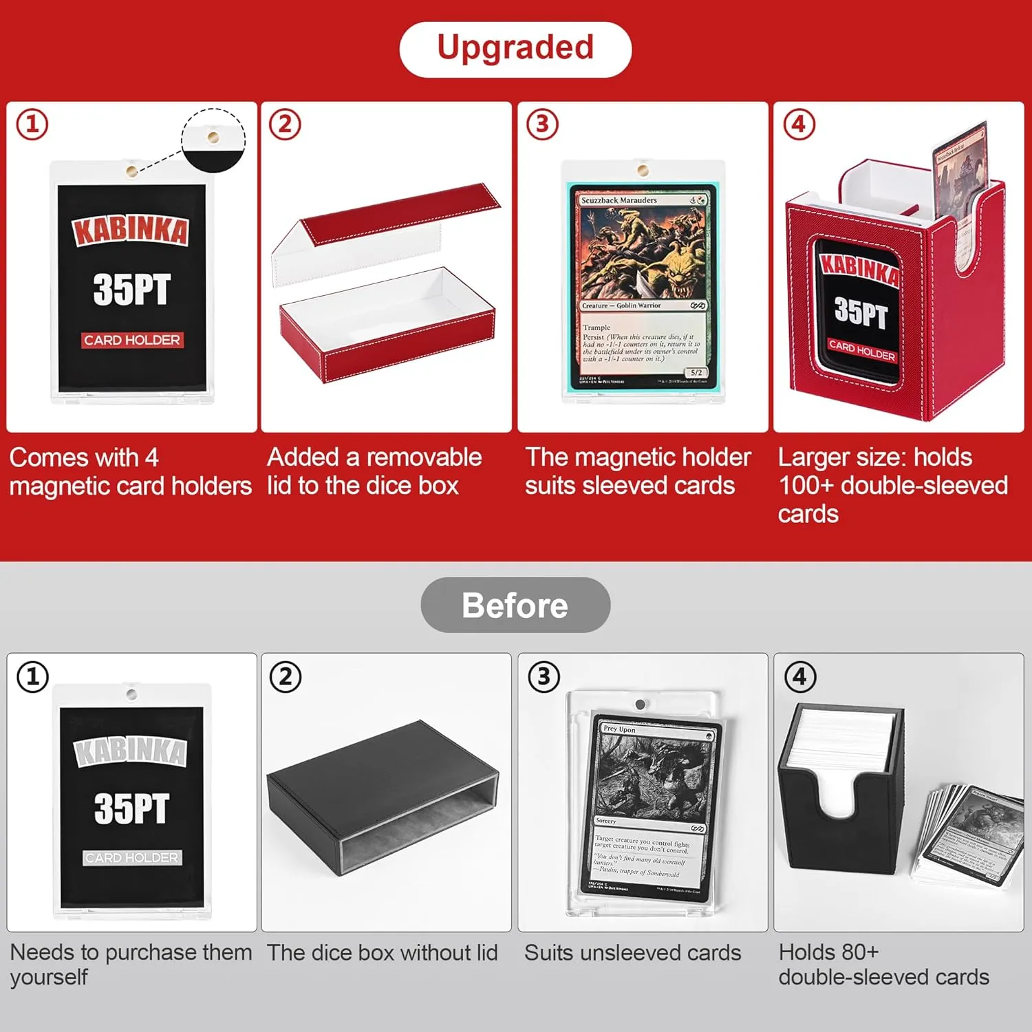 Card Deck Box for MTG with Commander Display, 5 in 1 Card Storage Box Fits 400  Double-sleeved Cards, Removable Deck Case for TCG/Sports Cards with Dice Tray, 4 Magnetic Card Holders (Red White)