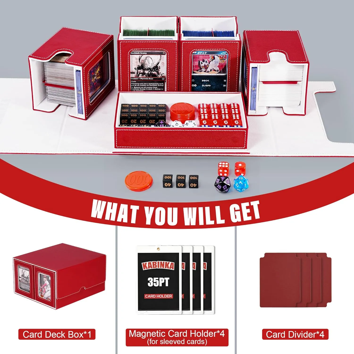 Card Deck Box for MTG with Commander Display, 5 in 1 Card Storage Box Fits 400  Double-sleeved Cards, Removable Deck Case for TCG/Sports Cards with Dice Tray, 4 Magnetic Card Holders (Red White)