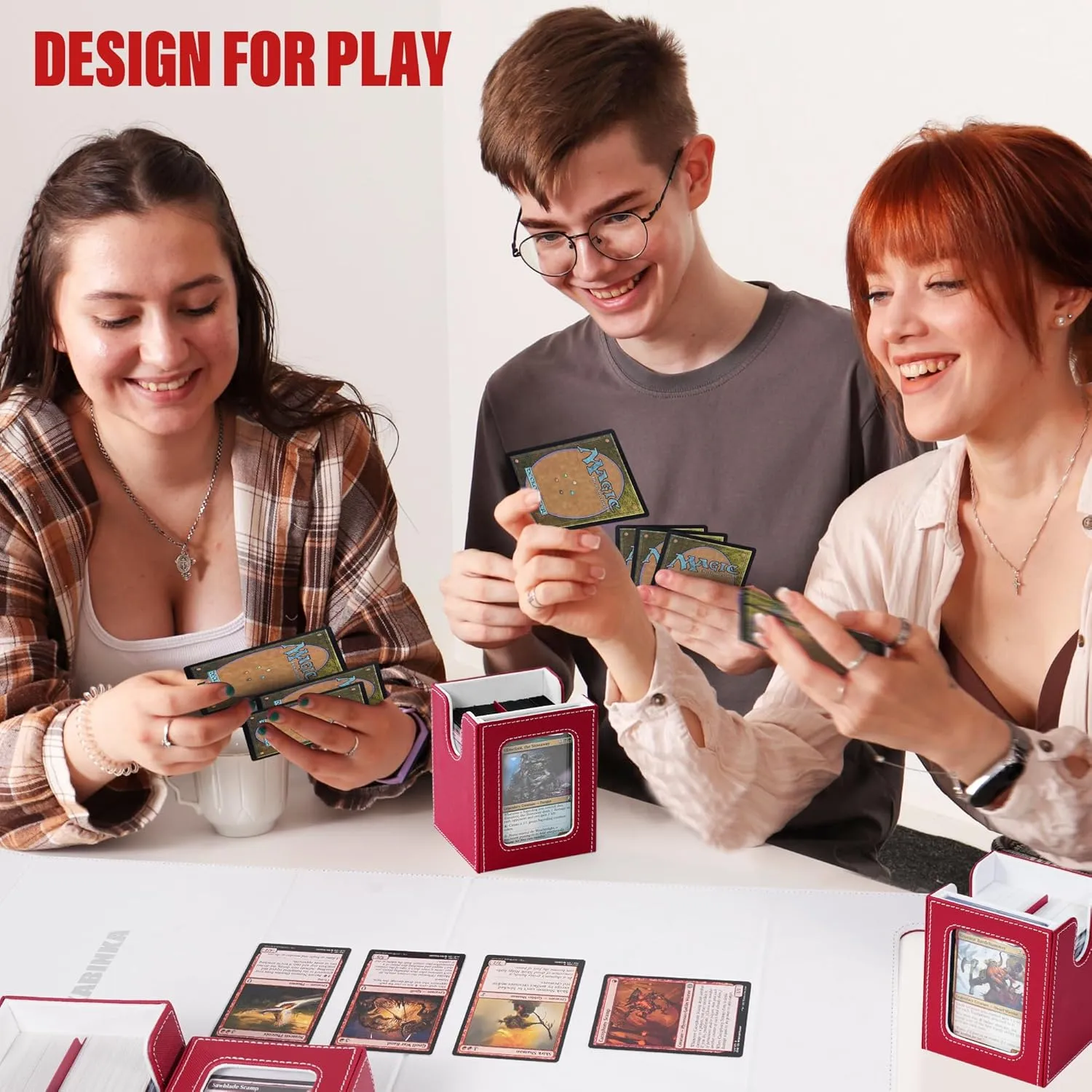Card Deck Box for MTG with Commander Display, 5 in 1 Card Storage Box Fits 400  Double-sleeved Cards, Removable Deck Case for TCG/Sports Cards with Dice Tray, 4 Magnetic Card Holders (Red White)