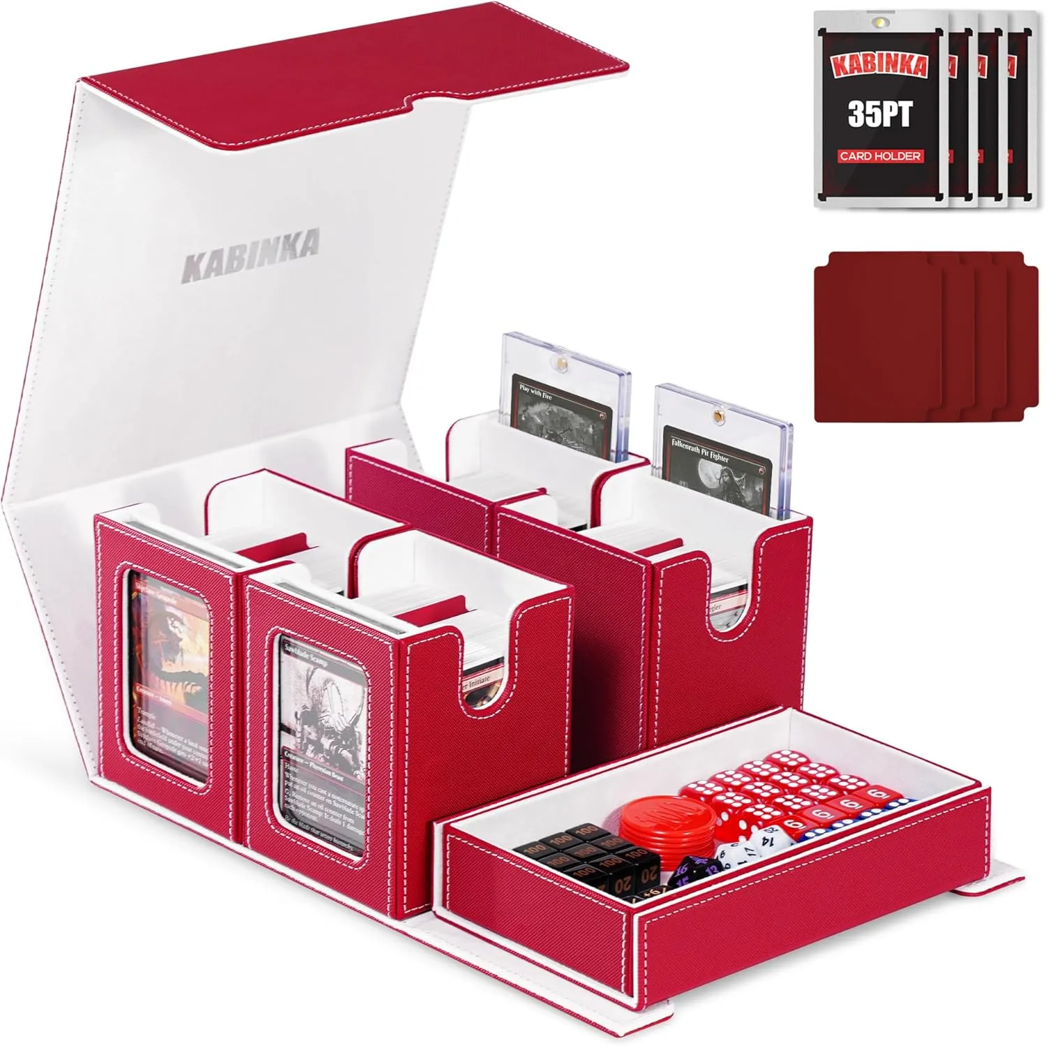 Card Deck Box for MTG with Commander Display, 5 in 1 Card Storage Box Fits 400  Double-sleeved Cards, Removable Deck Case for TCG/Sports Cards with Dice Tray, 4 Magnetic Card Holders (Red White)