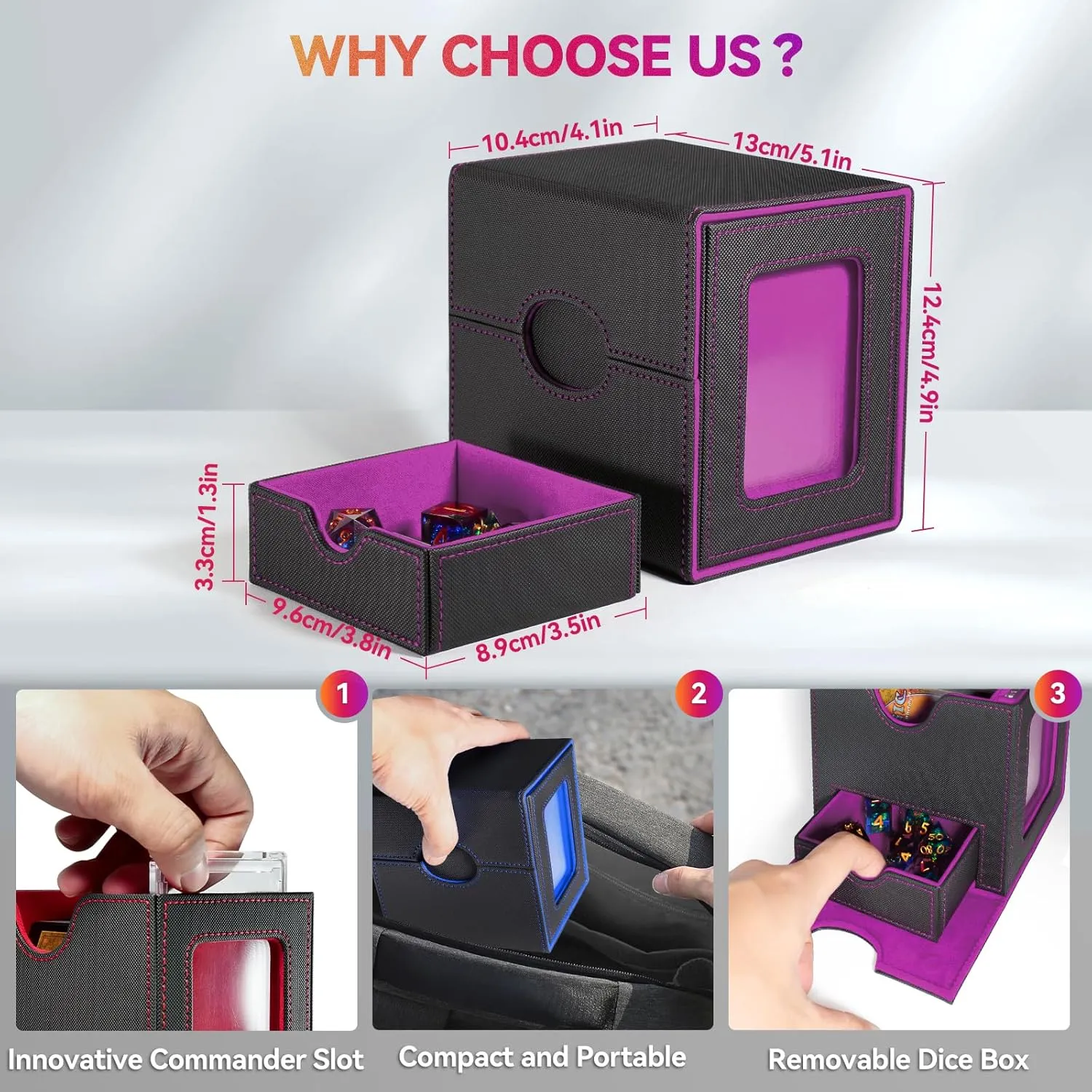 Card Deck Box for MTG with Commander Display Fits 100 Double-Sleeved Cards, Deck Case for TCG/Sports Cards with 2 Magnetic Card Holders (Black&Purple)