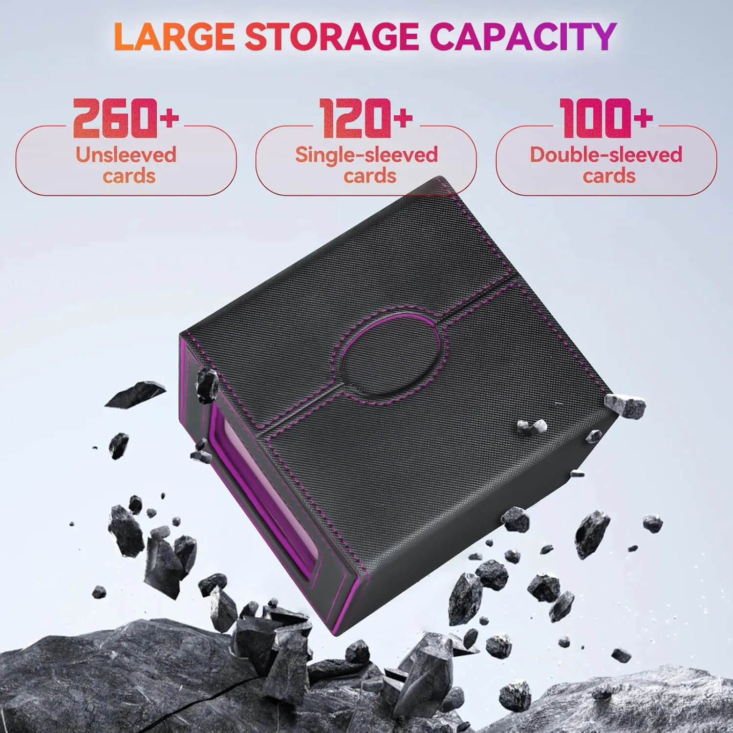 Card Deck Box for MTG with Commander Display Fits 100 Double-Sleeved Cards, Deck Case for TCG/Sports Cards with 2 Magnetic Card Holders (Black&Purple)