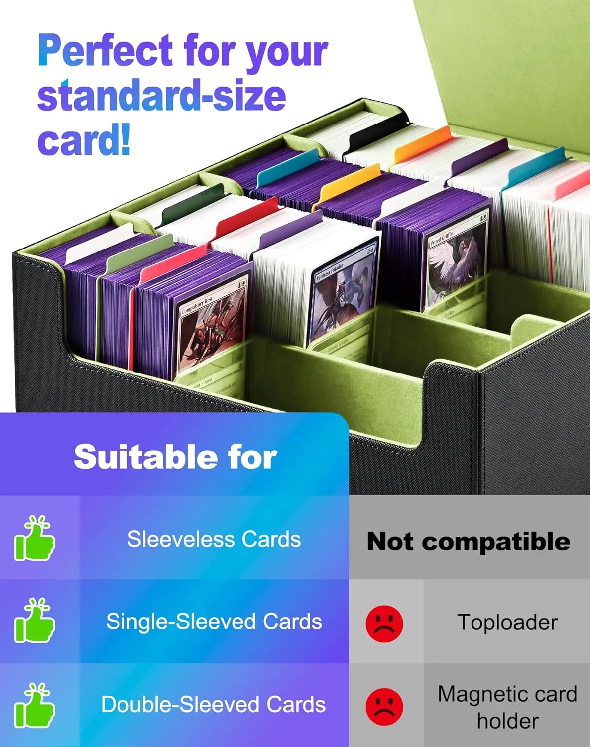 Card Storage Box for Trading Cards, 2400  MTG Commander Deck Box With 24pcs Colorful Divider, Card Case Fits for Magic TCG PTCG Game Cards(Black&Lemon Green)