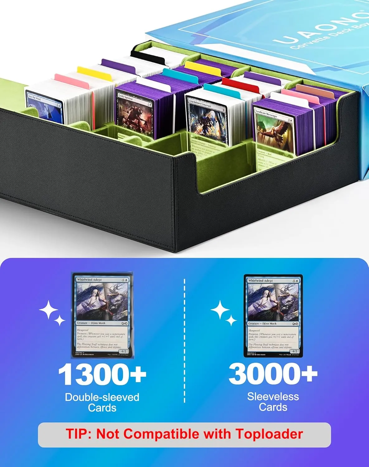 Card Storage Box for Trading Cards, 2400  MTG Commander Deck Box With 24pcs Colorful Divider, Card Case Fits for Magic TCG PTCG Game Cards(Black&Lemon Green)