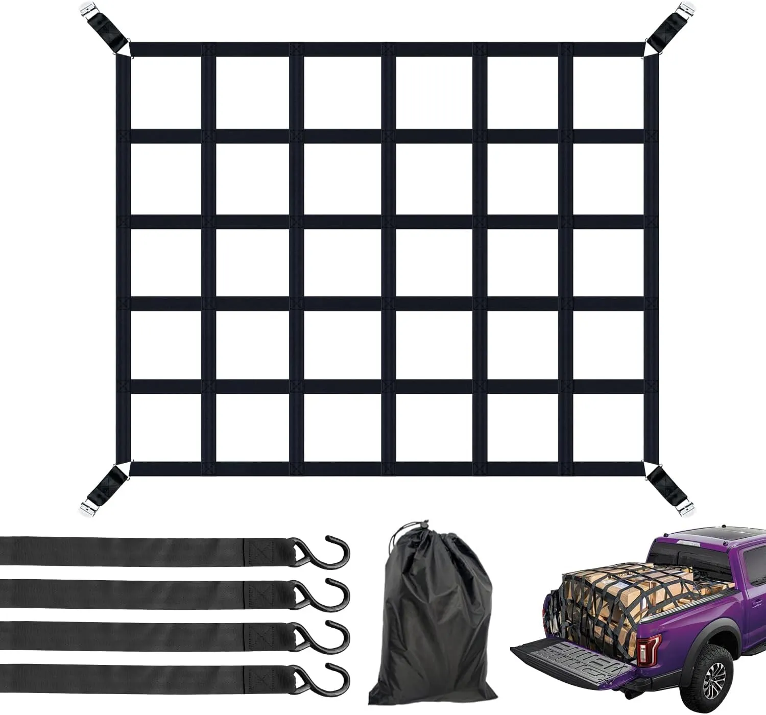 Cargo Net for Pickup Truck Bed, Heavy Duty 1100 lbs Capacity, Adjustable Cam Buckles & S-Hooks, Thick Herringbone Nylon, with Drawstring Storage Bag for Trailers and Trucks (50" x 42")