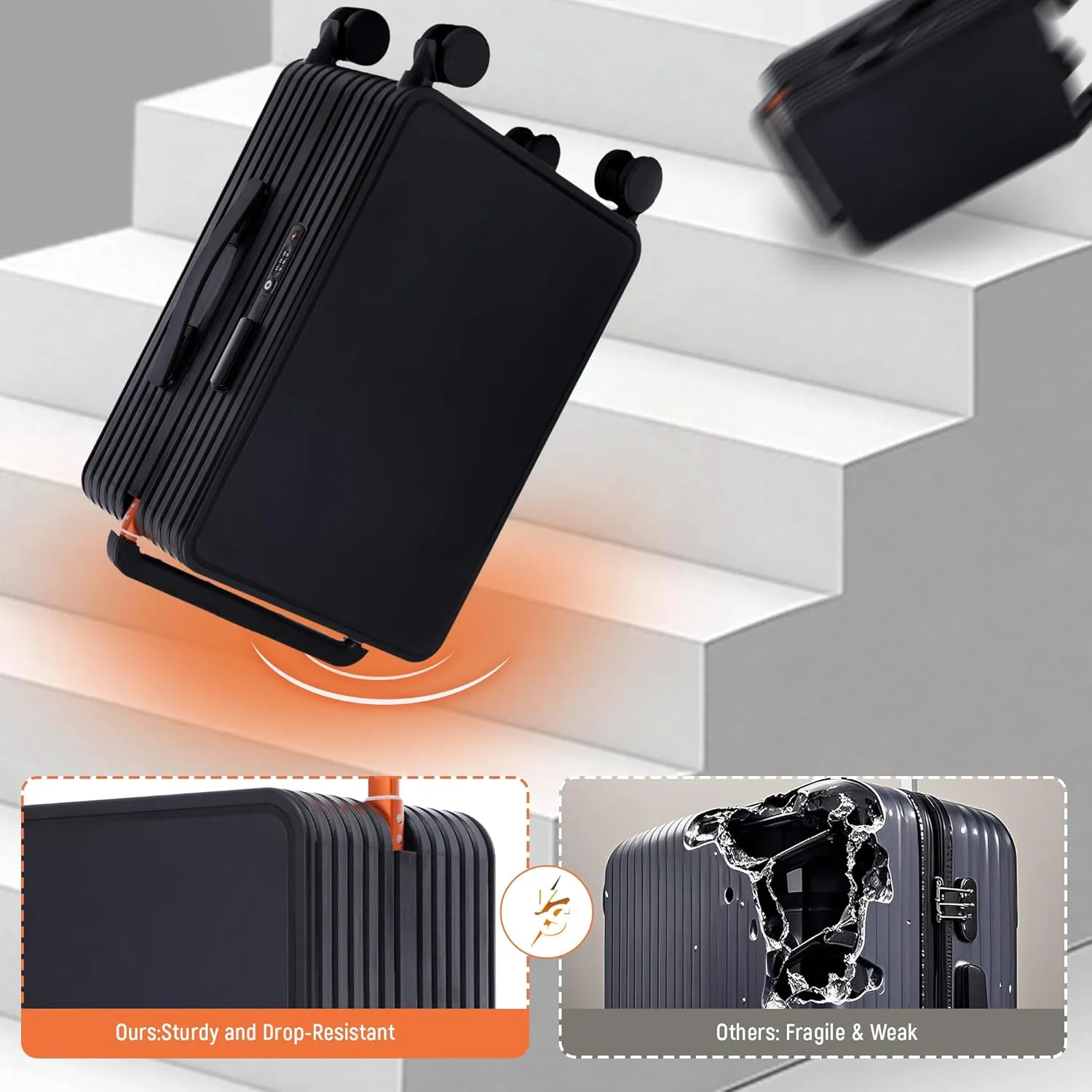 Carry On Luggage 20In Wide Handle PC Hardshell Suitcases with Spinner Wheels & TSA Lock Frameless Luggage Zipperless Luggage, Black