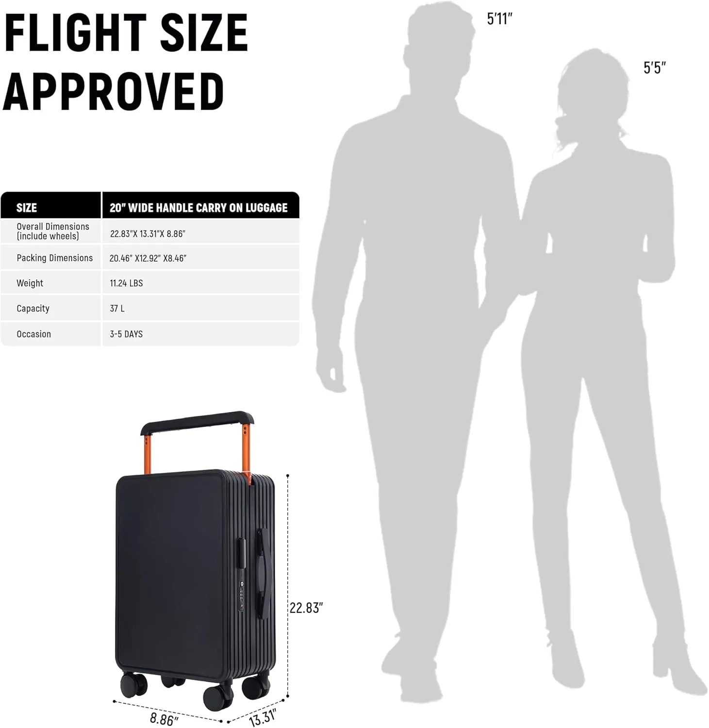 Carry On Luggage 20In Wide Handle PC Hardshell Suitcases with Spinner Wheels & TSA Lock Frameless Luggage Zipperless Luggage, Black