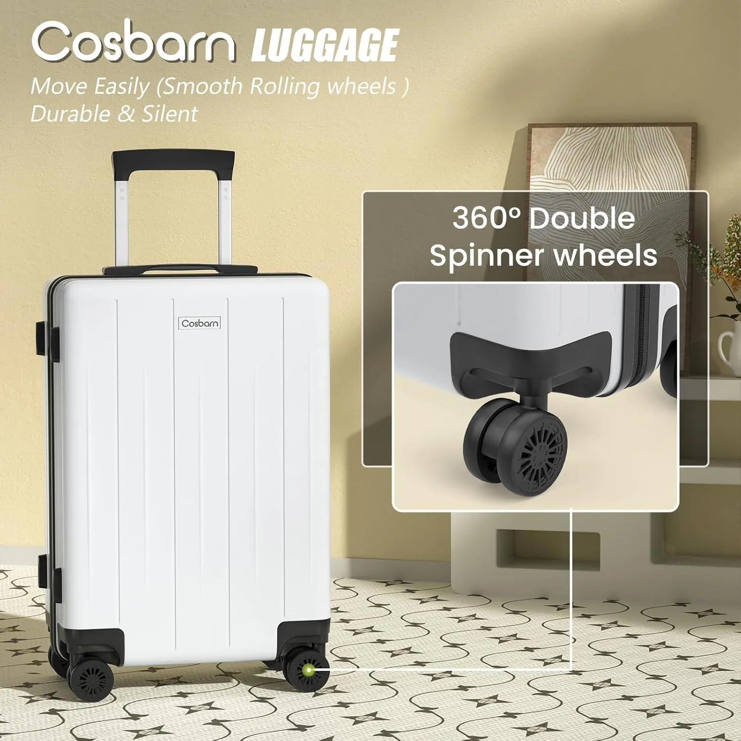 Carry On Luggage 22x14x9 Airline Approved, 20 inch Hard Shell Suitcase, ABS Hardside Suitcases, Lightweight Travel Luggage with 8 Silent Spinner Wheels, PearlWhite