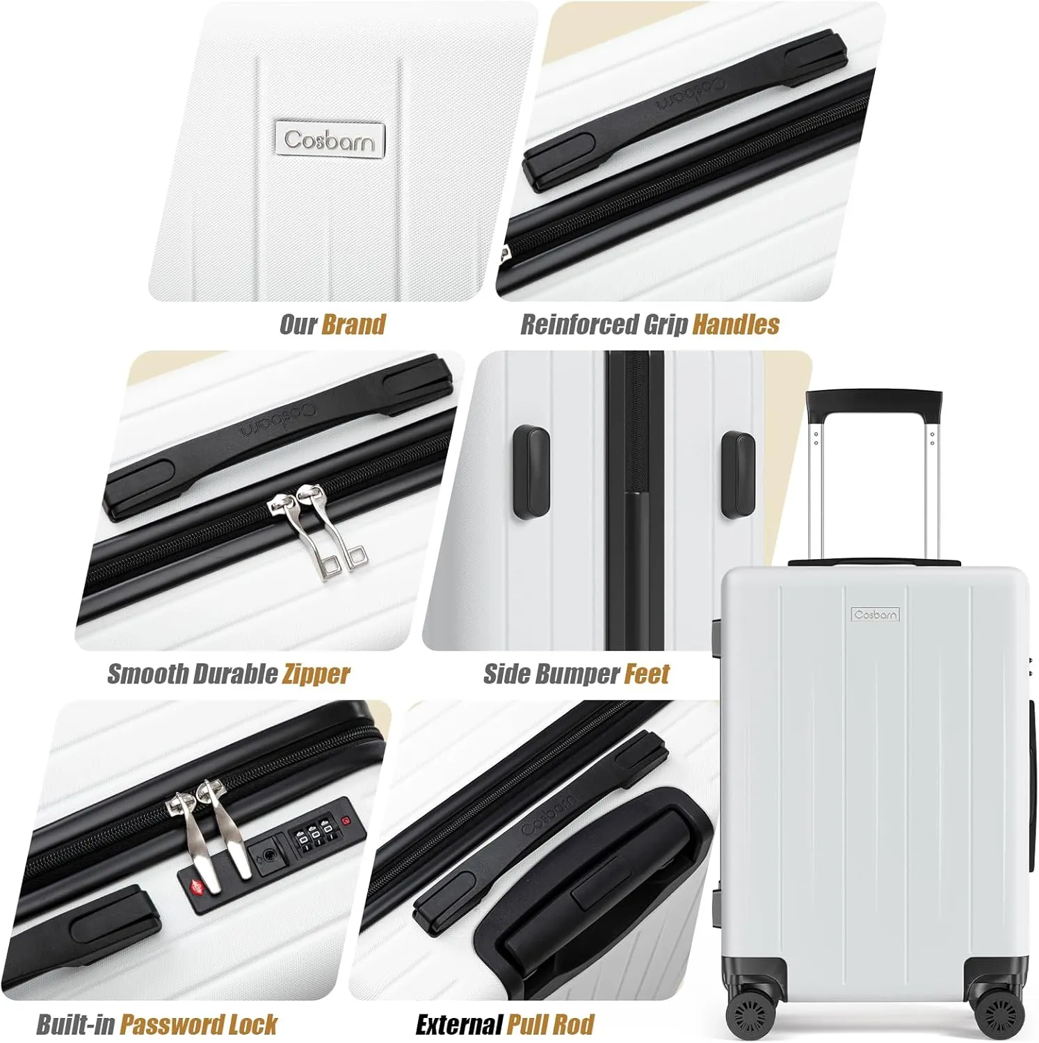 Carry On Luggage 22x14x9 Airline Approved, 20 inch Hard Shell Suitcase, ABS Hardside Suitcases, Lightweight Travel Luggage with 8 Silent Spinner Wheels, PearlWhite