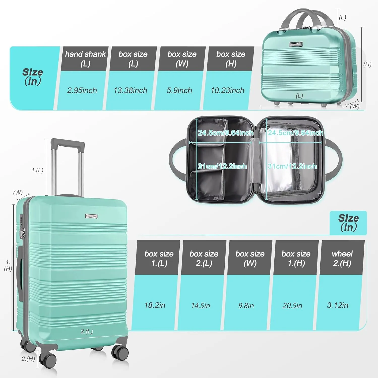 Carry On Luggage 22x14x9 Airline Approved, Hard Case Luggage Sets 2 Piece, PC ABS Small Luggage Suitcase with TSA Lock & Spinner Wheels (14/20) - Green
