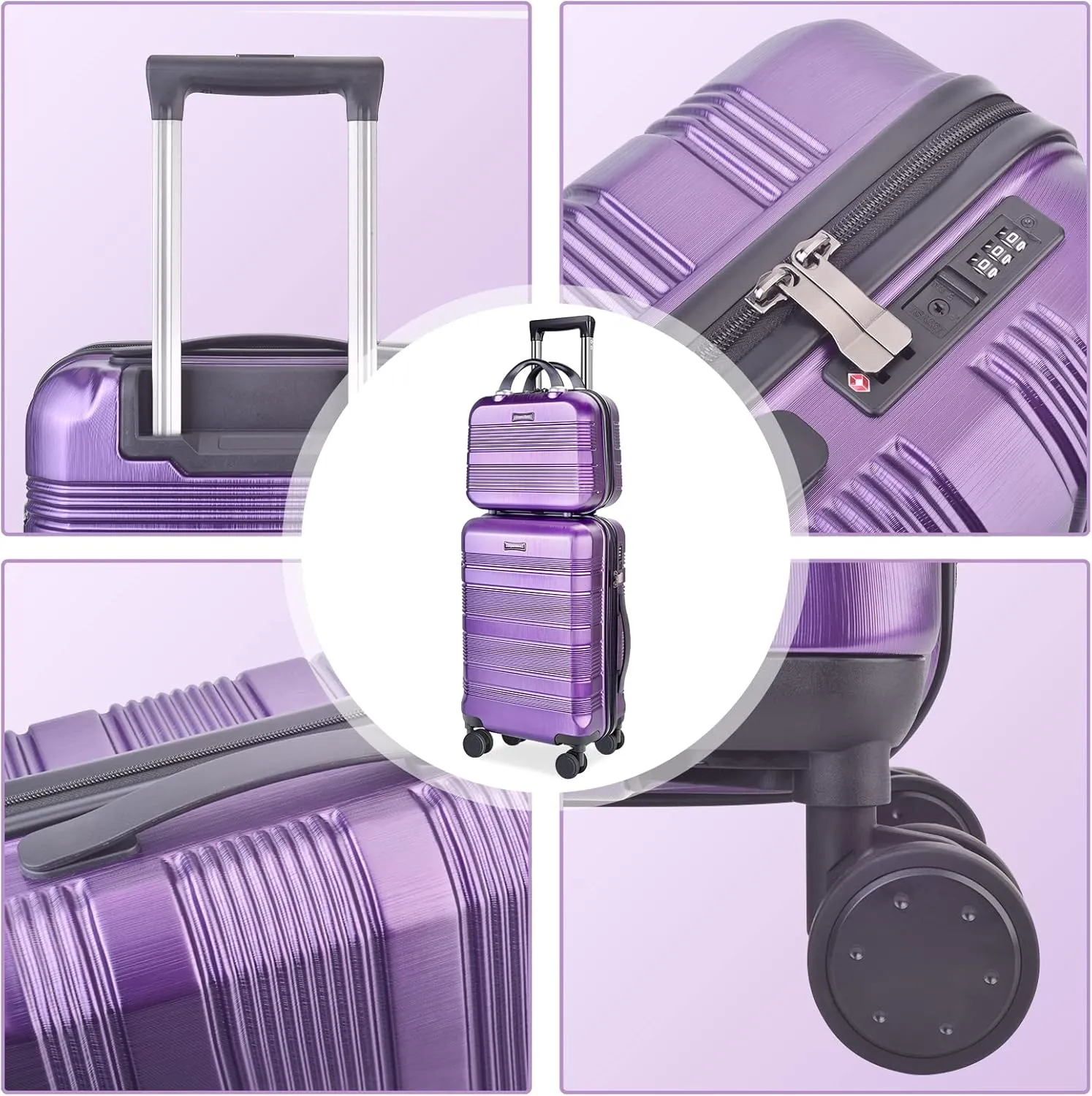 Carry On Luggage 22x14x9 Airline Approved, Hard Case Luggage Sets 2 Piece, PC ABS Small Luggage Suitcase with TSA Lock & Spinner Wheels (14/20) - Purple