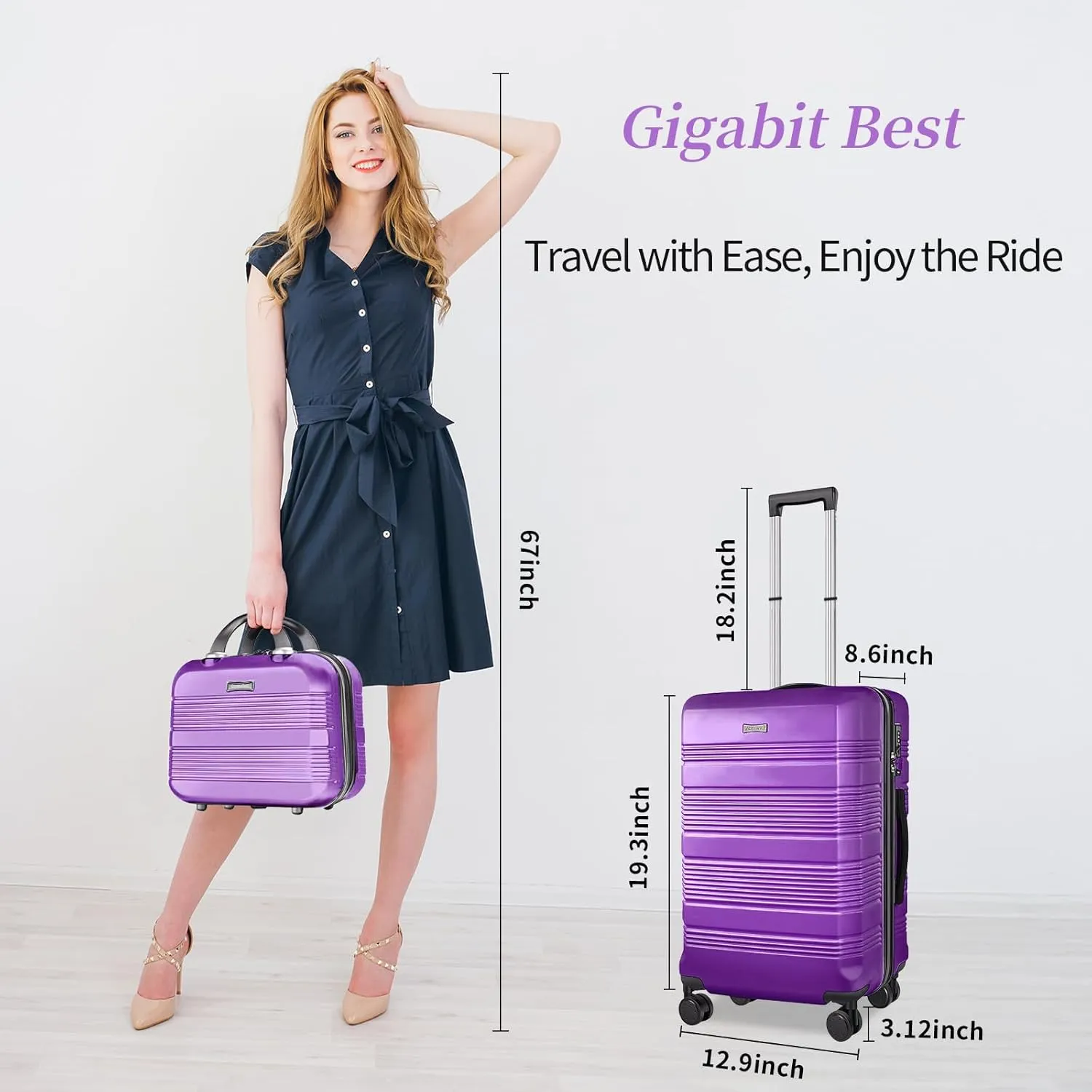 Carry On Luggage 22x14x9 Airline Approved, Hard Case Luggage Sets 2 Piece, PC ABS Small Luggage Suitcase with TSA Lock & Spinner Wheels (14/20) - Purple