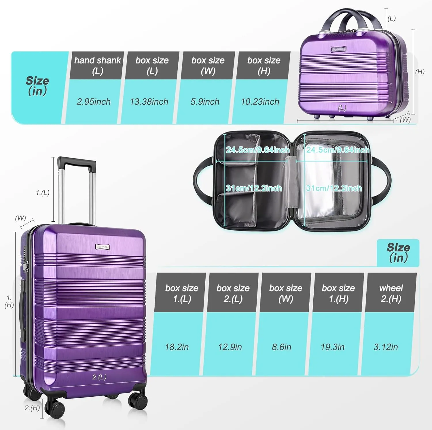 Carry On Luggage 22x14x9 Airline Approved, Hard Case Luggage Sets 2 Piece, PC ABS Small Luggage Suitcase with TSA Lock & Spinner Wheels (14/20) - Purple