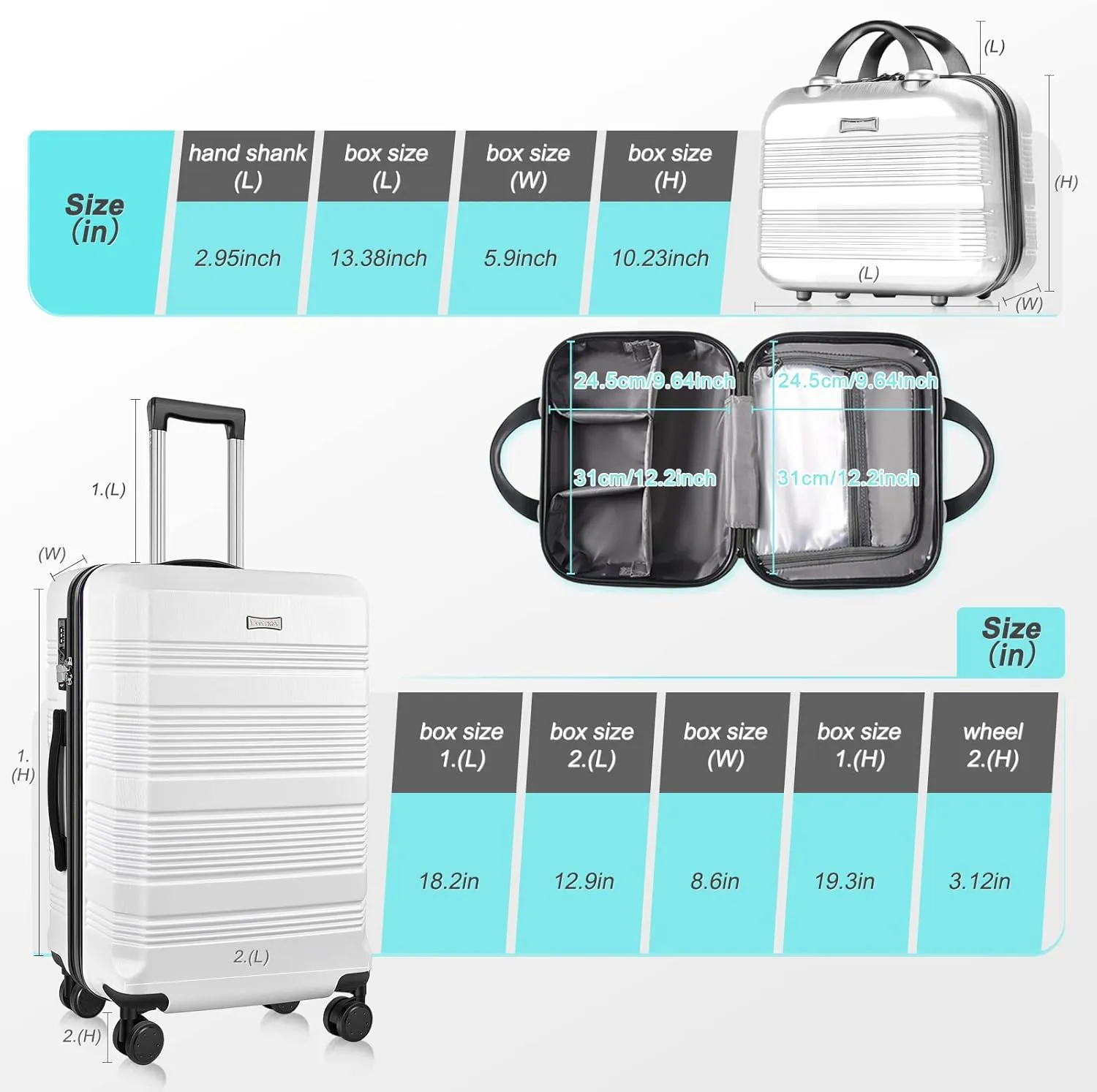 Carry On Luggage 22x14x9 Airline Approved, Hard Case Luggage Sets 2 Piece, PC ABS Small Luggage Suitcase with TSA Lock & Spinner Wheels (14/20) - White