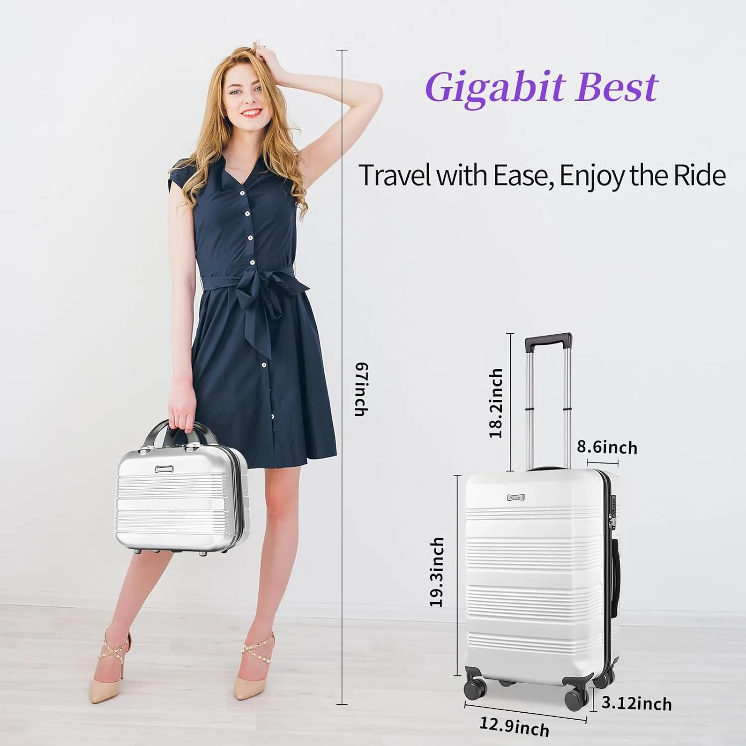 Carry On Luggage 22x14x9 Airline Approved, Hard Case Luggage Sets 2 Piece, PC ABS Small Luggage Suitcase with TSA Lock & Spinner Wheels (14/20) - White