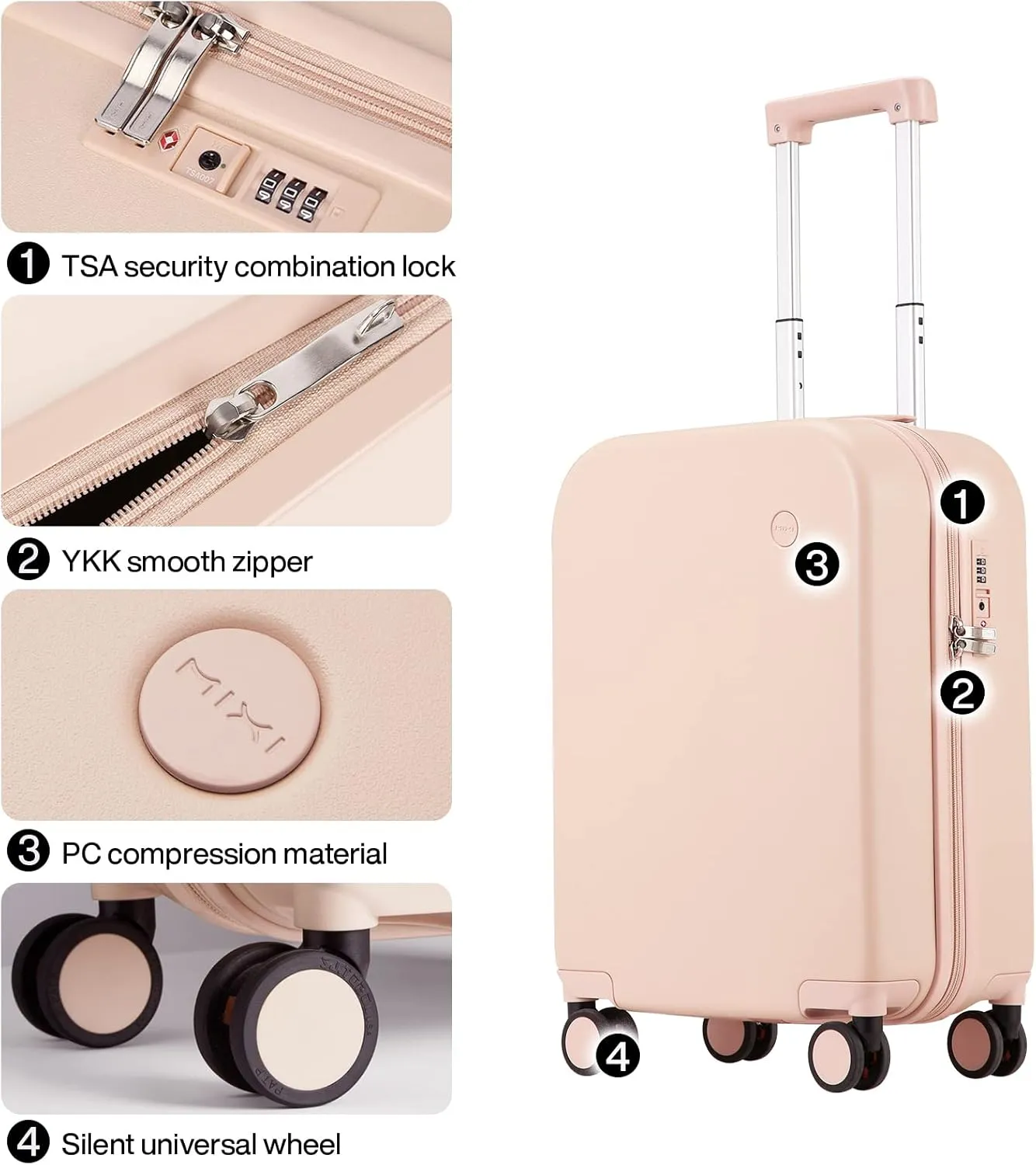 Carry on Luggage, Mixi Suitcase Spinner Wheels Luggage Hardshell Lightweight Rolling Suitcases PC with Cover & TSA Lock for Business Travel
