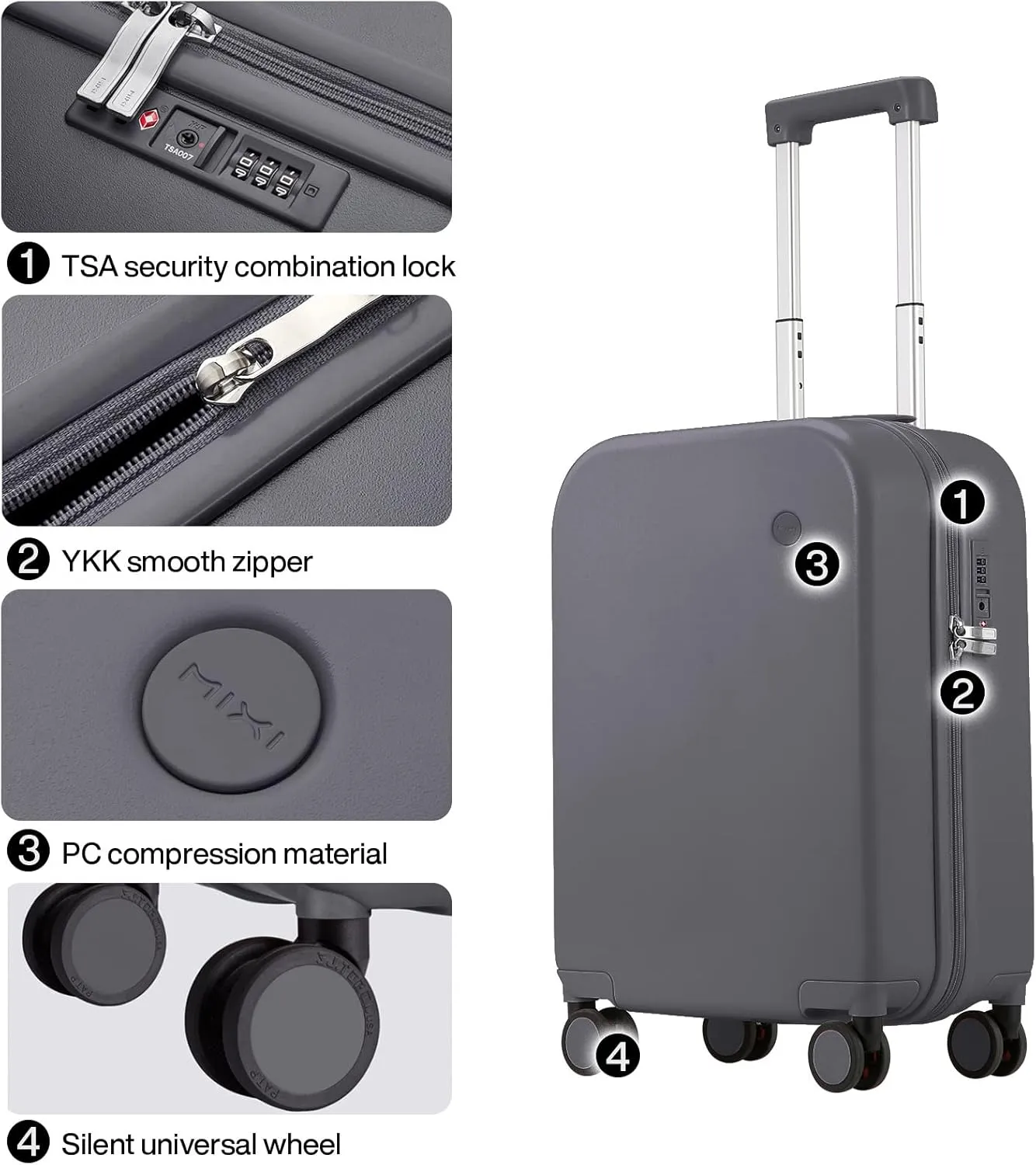 Carry on Luggage, Mixi Suitcase Spinner Wheels Luggage Hardshell Lightweight Rolling Suitcases PC with Cover & TSA Lock for Business Travel
