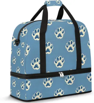 Cartoon Dog Footprints Travel Duffel Bag for Women Men Weekender Overnight Bag with Shoe Compartment Foldable Sports Gym Luggage Bag