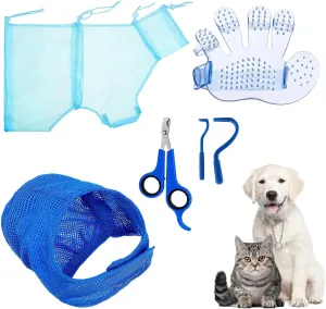 Cat Bathing Bag - 3 Cm Grooming Bag | Silicone Grooming Net Bag with Nail Clipper and Massage Brush | Adjustable Polyester Pet Washing Set | Cleaning Supplies for Pets