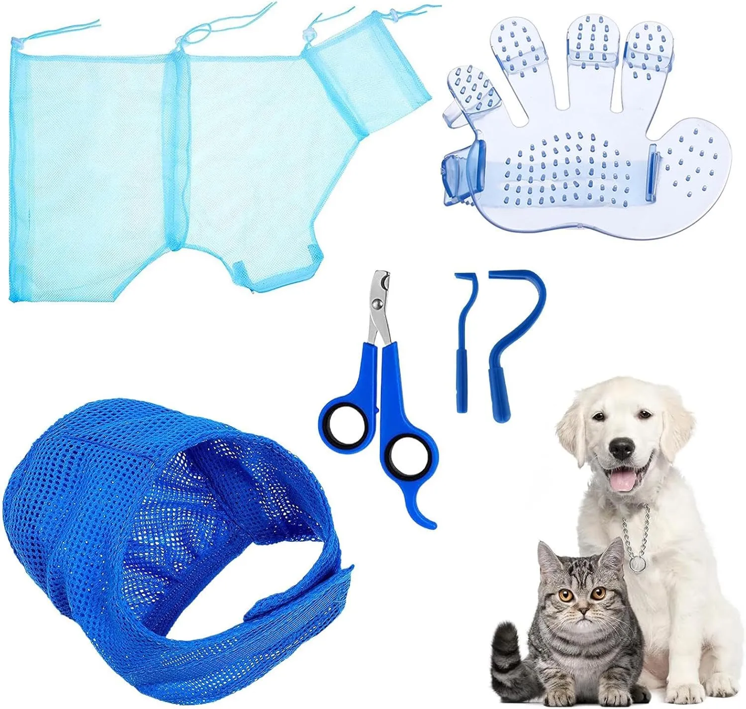 Cat Bathing Bag - 3 Cm Grooming Bag | Silicone Grooming Net Bag with Nail Clipper and Massage Brush | Adjustable Polyester Pet Washing Set | Cleaning Supplies for Pets