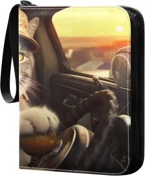 Cat Driving Car Card Binder 4 Pocket Collectible Trading Card Albums with 50 Sleeves Double Side PU Waterproof 3 Ring for Sports & Game Cards