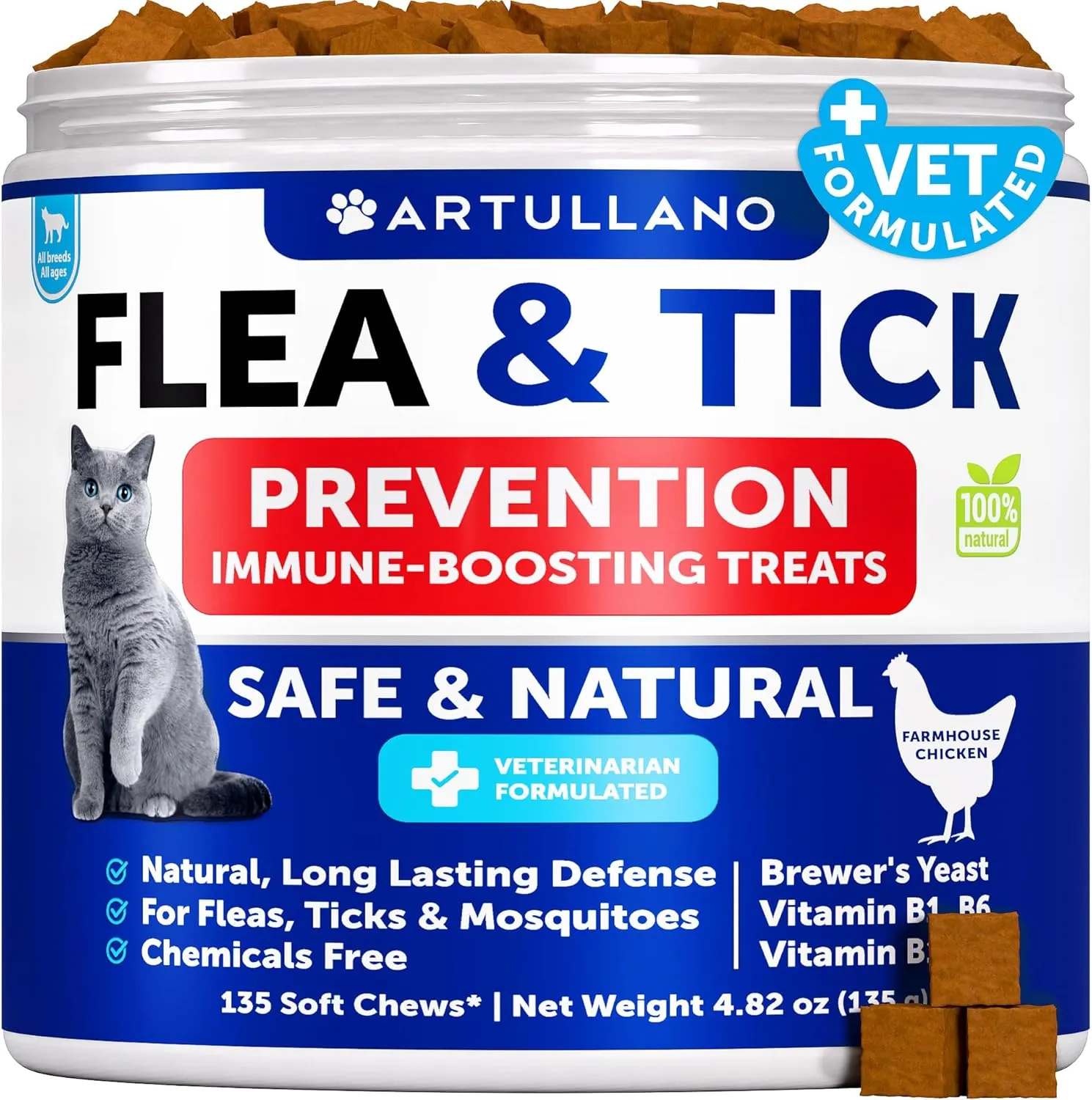 Cat Flea Treatment - Natural Flea and Tick Prevention Supplement for Large & Smal Cats - Immune Support Chews with Vitamins - Pest Defense Oral Pills - Farmhouse Chicken 135 Soft Chews