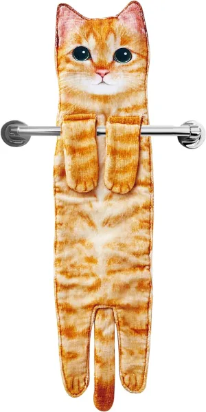 Cat Funny Hand Towels for Bathroom Kitchen - Cute Decorative Cat Decor Hanging Washcloths Face Towels Super Absorbent Soft - Housewarming Birthday Christmas Fun Gifts for Women Cat Lovers - Orange