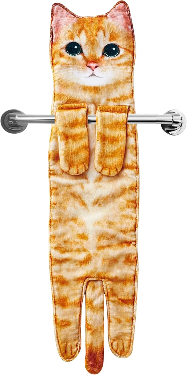 Cat Funny Hand Towels for Bathroom Kitchen - Cute Decorative Cat Decor Hanging Washcloths Face Towels Super Absorbent Soft - Housewarming Birthday Christmas Fun Gifts for Women Cat Lovers - Orange