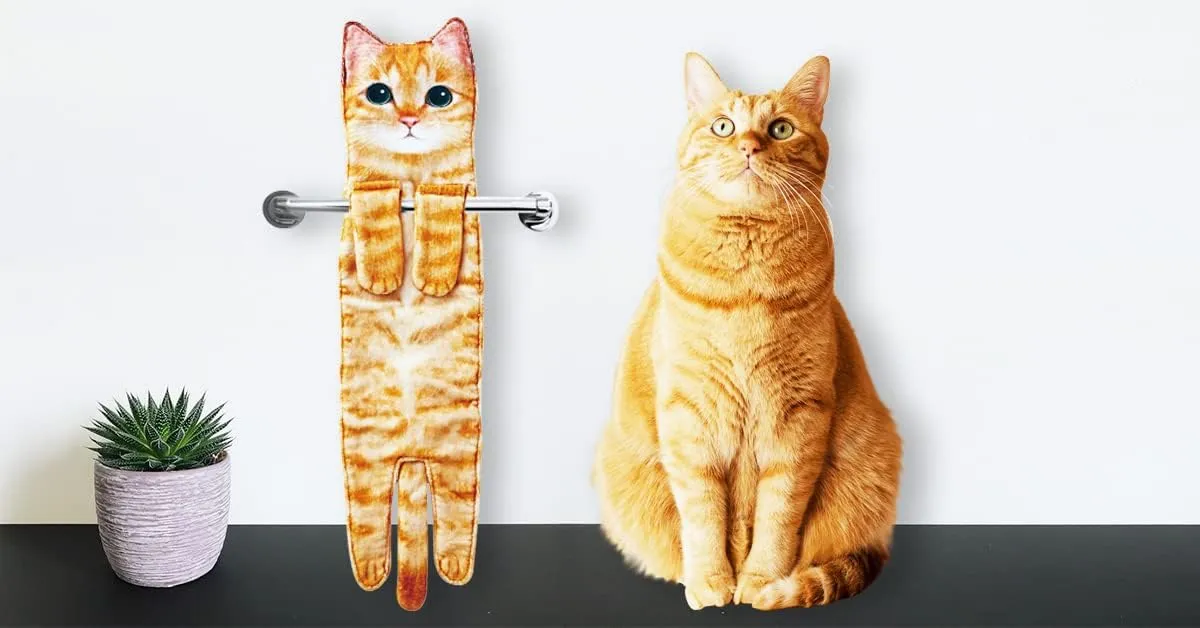 Cat Funny Hand Towels for Bathroom Kitchen - Cute Decorative Cat Decor Hanging Washcloths Face Towels Super Absorbent Soft - Housewarming Birthday Christmas Fun Gifts for Women Cat Lovers - Orange