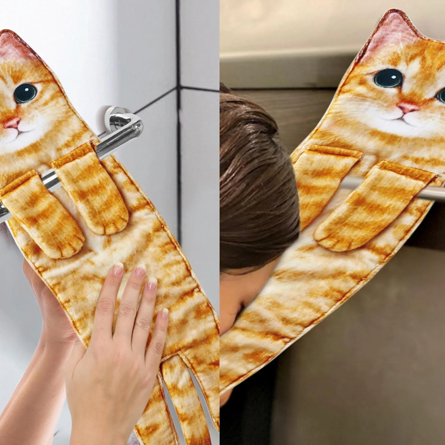 Cat Funny Hand Towels for Bathroom Kitchen - Cute Decorative Cat Decor Hanging Washcloths Face Towels Super Absorbent Soft - Housewarming Birthday Christmas Fun Gifts for Women Cat Lovers - Orange