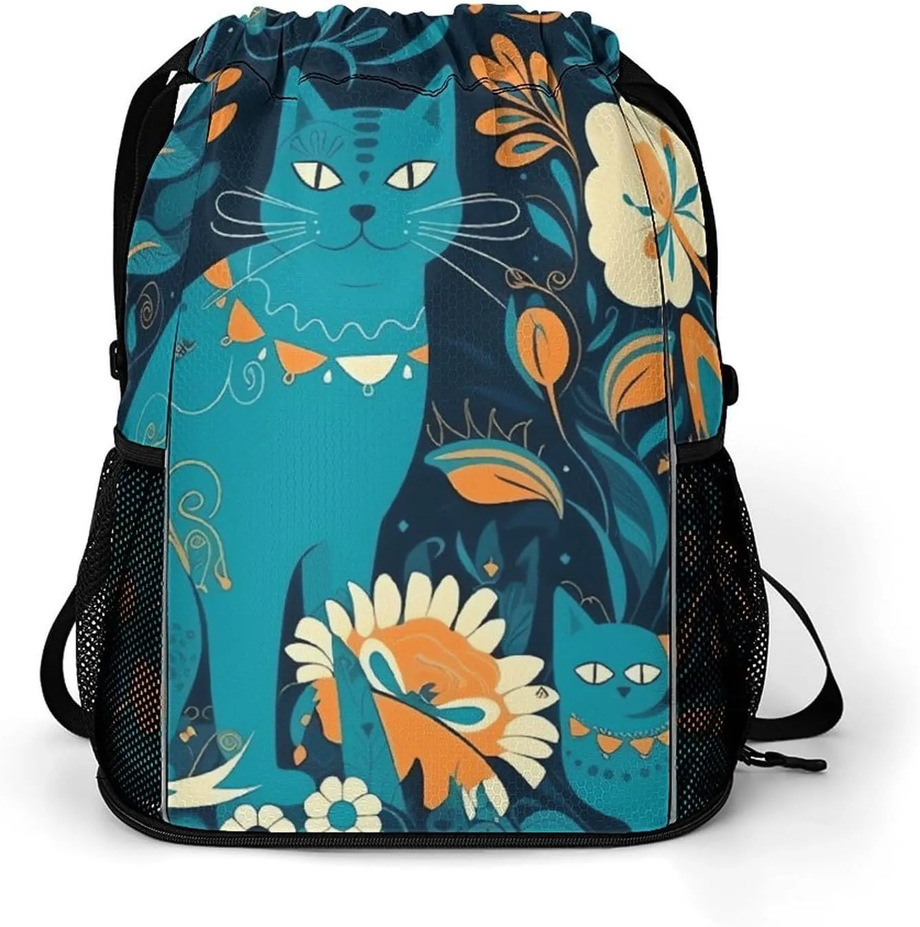 Cat in The Wild Drawstring Backpack Bags Gym Backpack with Shoe Compartment for Women Men Cinch Sack Sports Backpack with Mesh Pockets