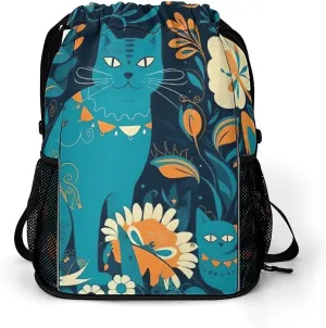 Cat in The Wild Drawstring Backpack Bags Gym Backpack with Shoe Compartment for Women Men Cinch Sack Sports Backpack with Mesh Pockets