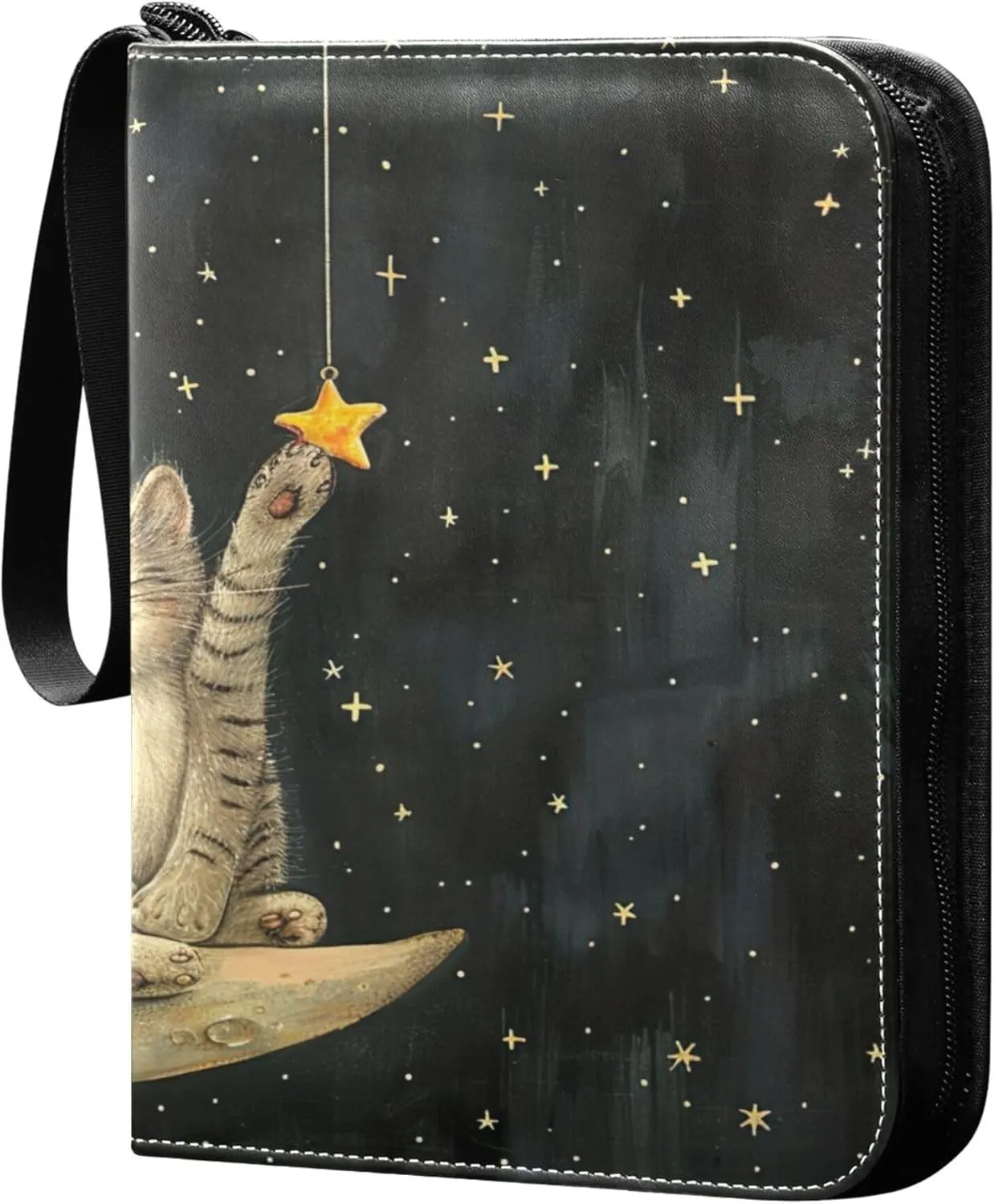 Cat on The Moon Card Binder 4 Pocket Collectible Trading Card Albums with 50 Sleeves Double Side PU Waterproof 3 Ring for Sports & Game Cards