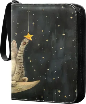 Cat on The Moon Card Binder 4 Pocket Collectible Trading Card Albums with 50 Sleeves Double Side PU Waterproof 3 Ring for Sports & Game Cards