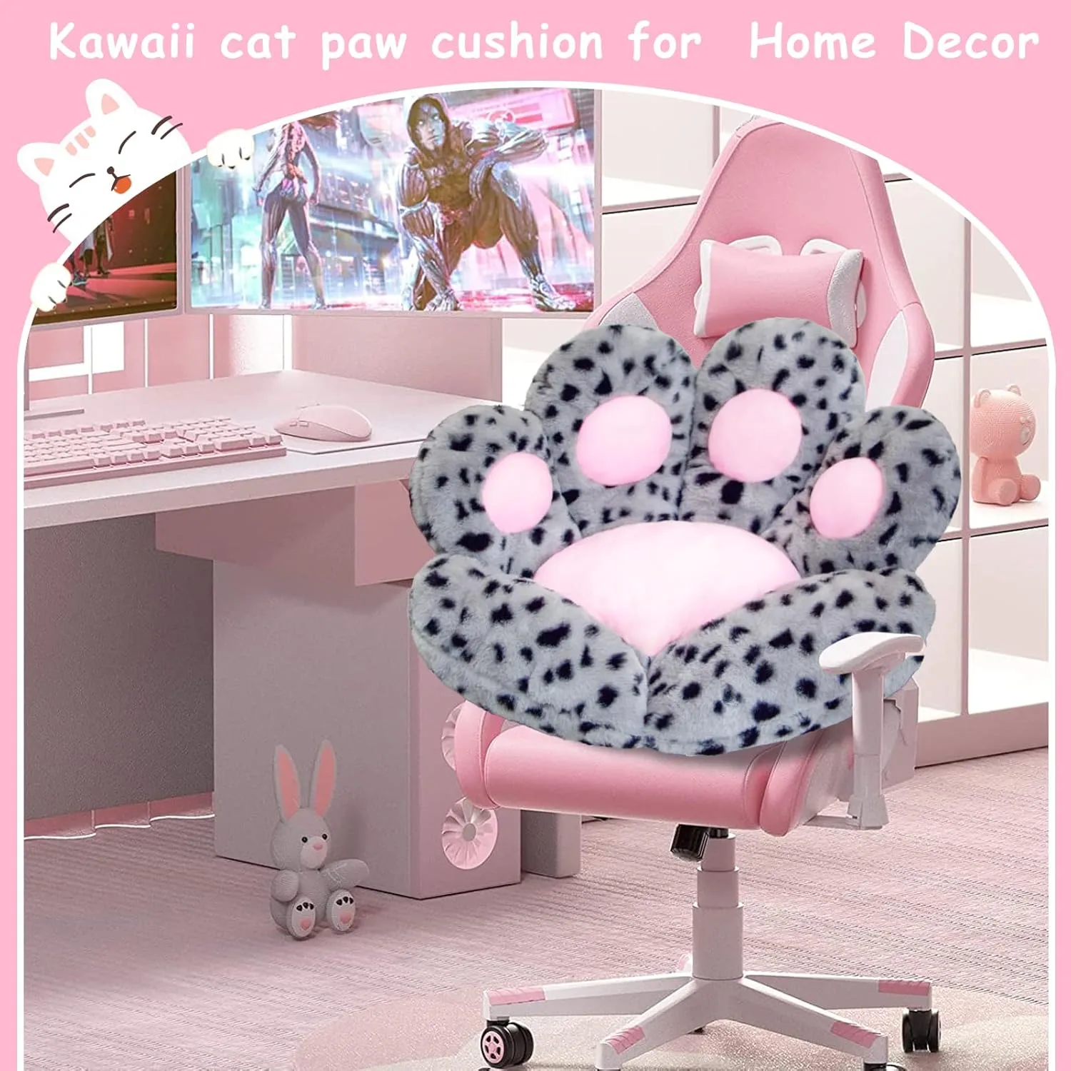 Cat Paw Cushion Kawaii Office Desk Chair Cushion Comfy Plush Cat Paw Shape Gaming Chair Cushion Bear Cute Seat Cushion for Girl, Kawaii Room Bedroom Decorate (Gray-Black Flecks)