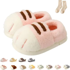Cat Paw Slippers, 3D Cute Cartoon Cat Paw Slippers for Women, Winter Cozy Warm Furry Home Slides