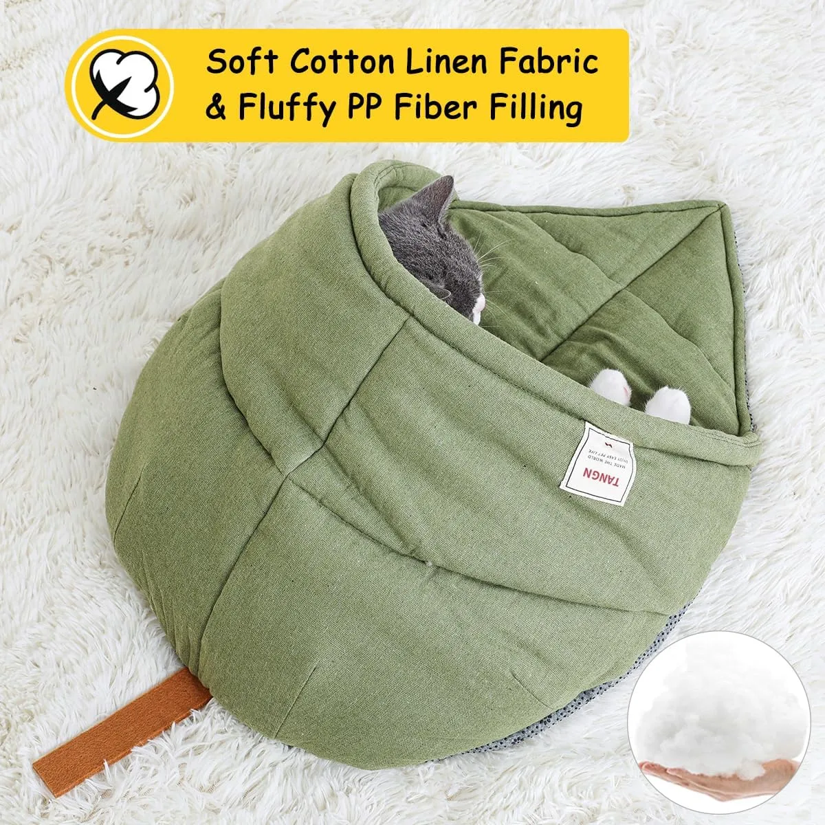 Cat Sleeping Bag,Linen Fabric Cat Bed Cave Leaf Nest Pet Cuddle Zone Covered Hide Hood Burrowing Cozy Soft Durable Washable with Non-Slip Bottom for Indoor Puppy and Kitten (Green with Support)