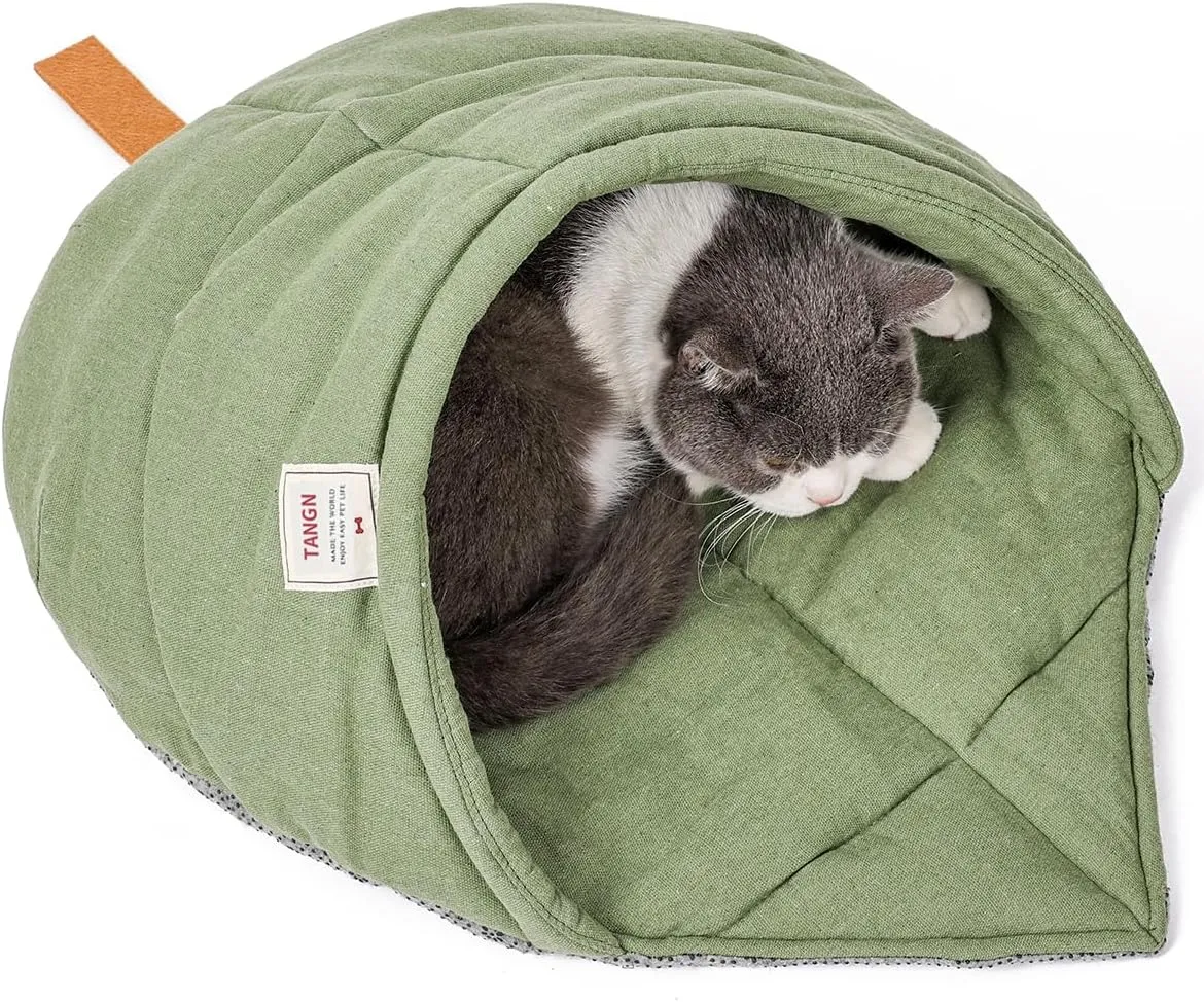 Cat Sleeping Bag,Linen Fabric Cat Bed Cave Leaf Nest Pet Cuddle Zone Covered Hide Hood Burrowing Cozy Soft Durable Washable with Non-Slip Bottom for Indoor Puppy and Kitten (Green with Support)