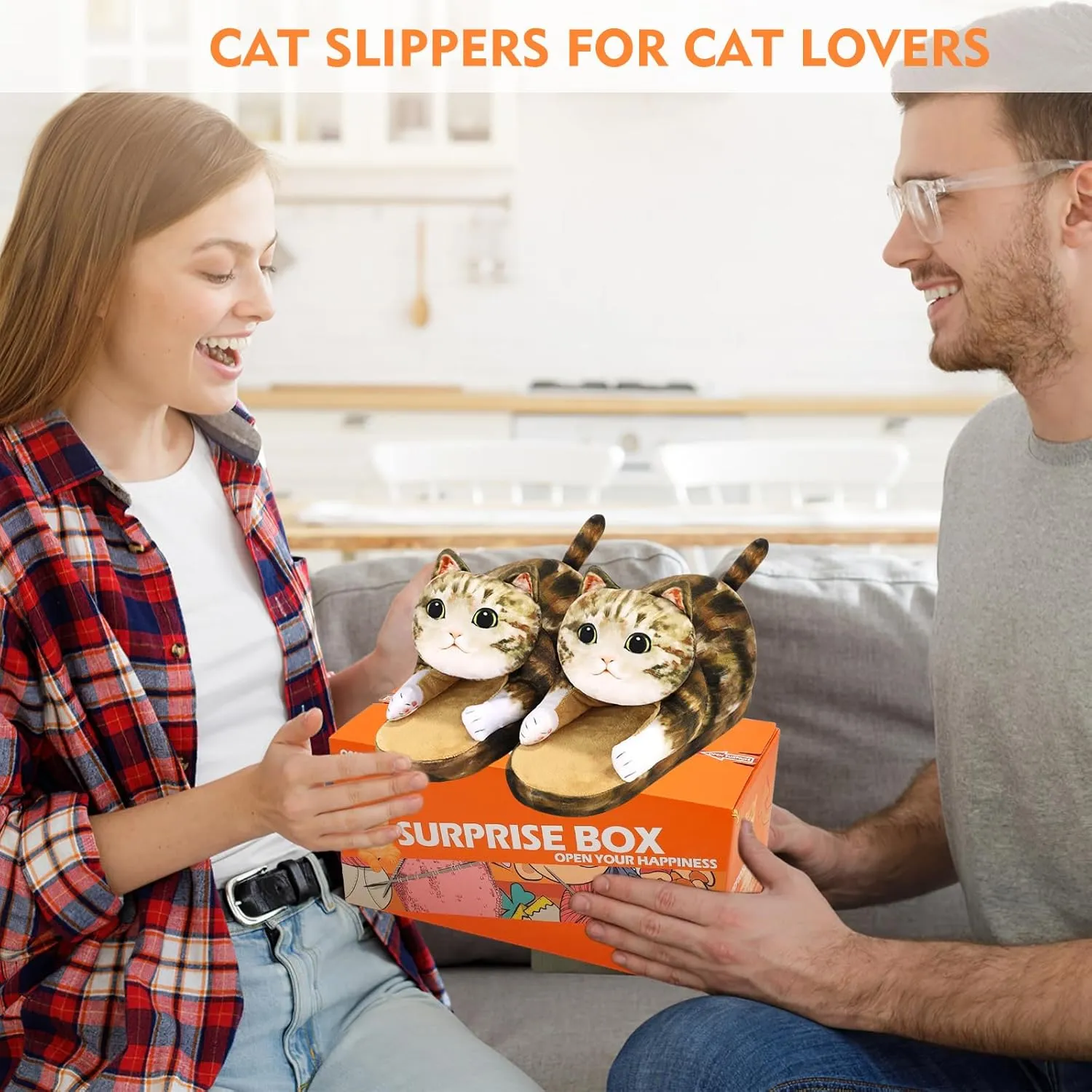 Cat Slippers for Women, Cute Fuzzy Animal Slippers For Indoor and Outdoor, Comfy Non-Slip Memory Foam Sole, Funny Cat Lover Gifts for Women