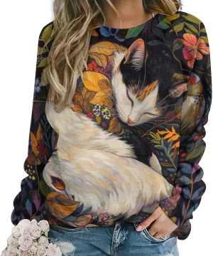 Cat Sweatshirts for Women Cute Cat Sweater Graphic Crewneck Sweatshirts Oversized Novelty Funny Sweatshirts Sweater