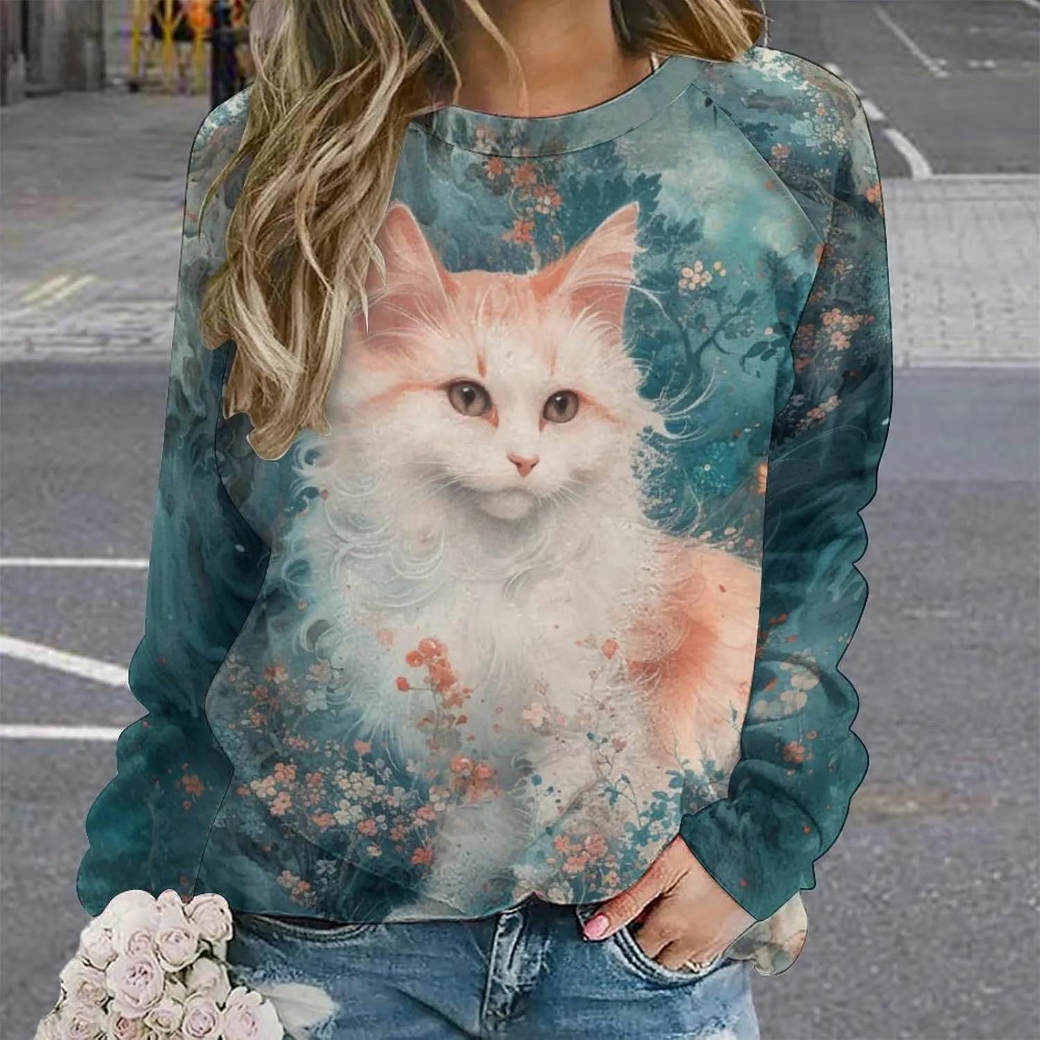 Cat Sweatshirts for Women Cute Cat Sweater Graphic Crewneck Sweatshirts Oversized Novelty Funny Sweatshirts Sweater